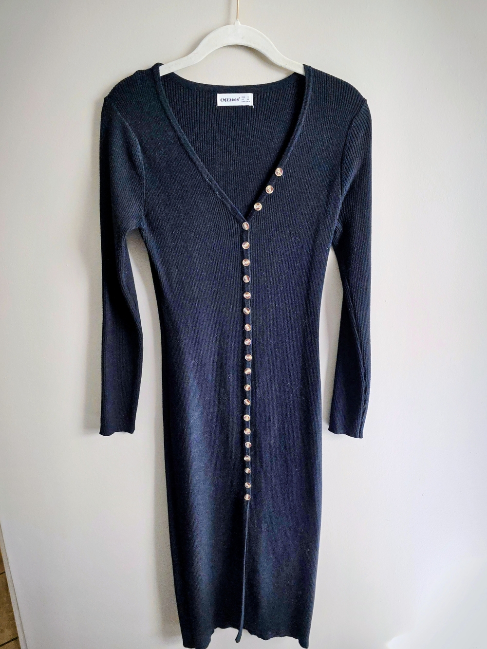 Black Ribbed Button-Front Long Sleeve Cardigan Dress